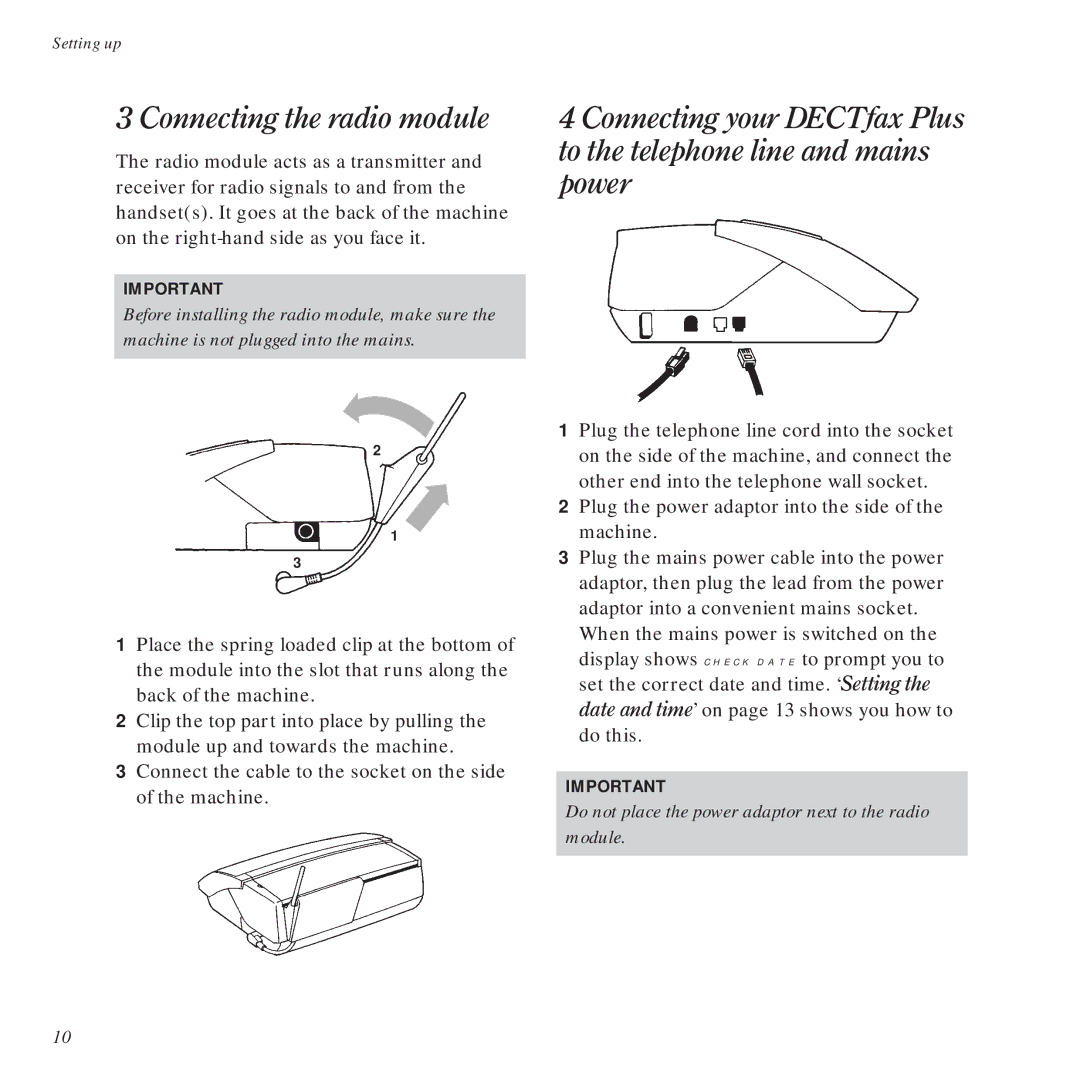 BT DECTfax Plus Fax Machine and digital telephone system manual Connecting the radio module 