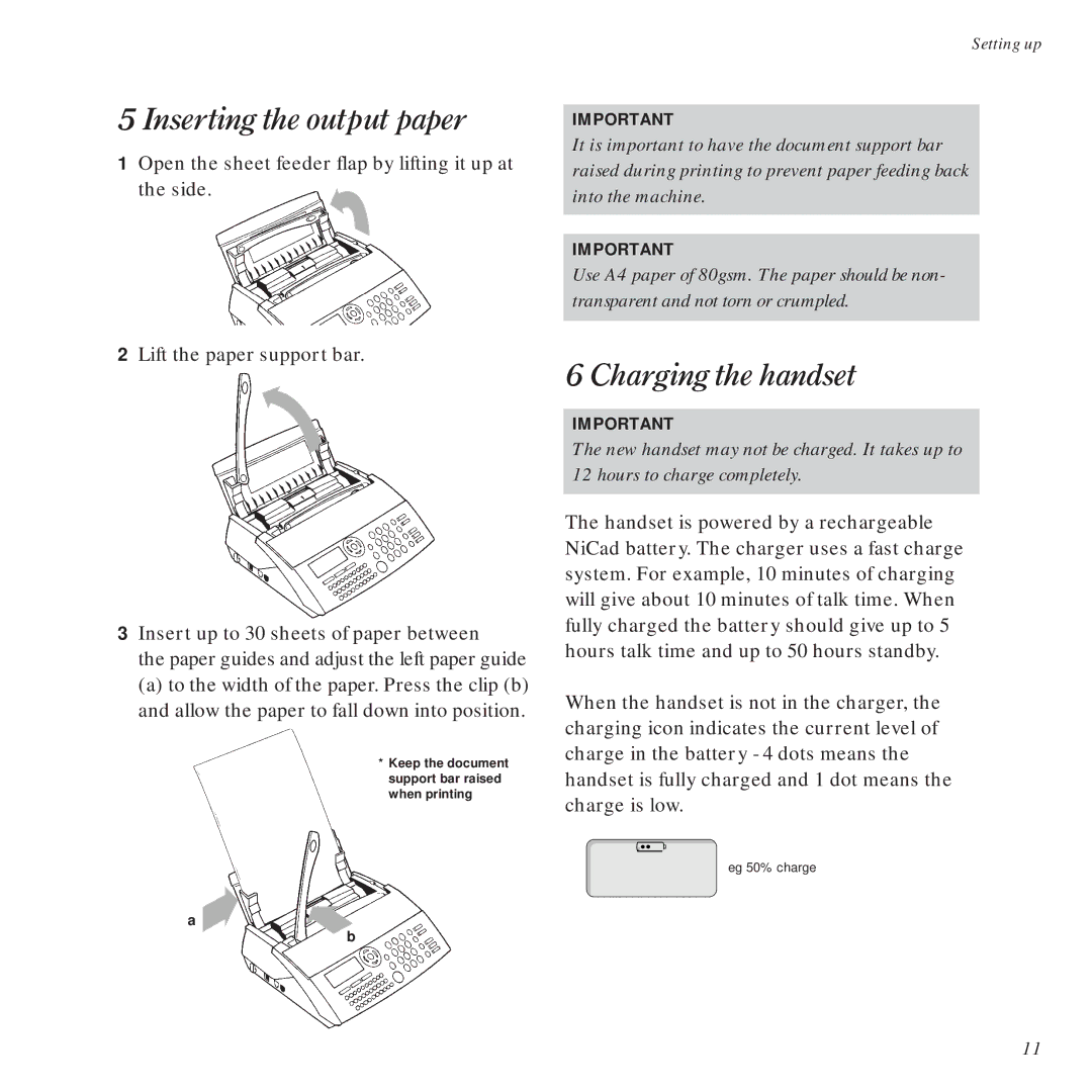 BT DECTfax Plus Fax Machine and digital telephone system manual Inserting the output paper, Charging the handset 