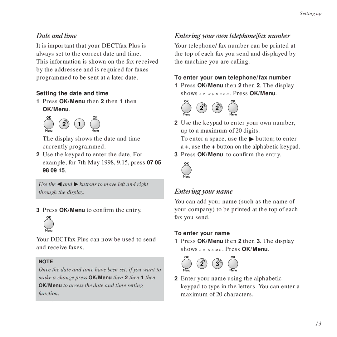 BT DECTfax Plus Fax Machine and digital telephone system manual Date and time, Entering your own telephone/fax number 