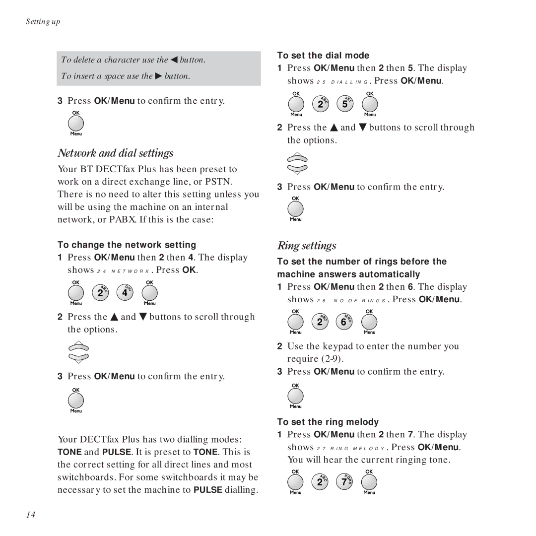 BT DECTfax Plus Fax Machine and digital telephone system manual Network and dial settings, Ring settings 