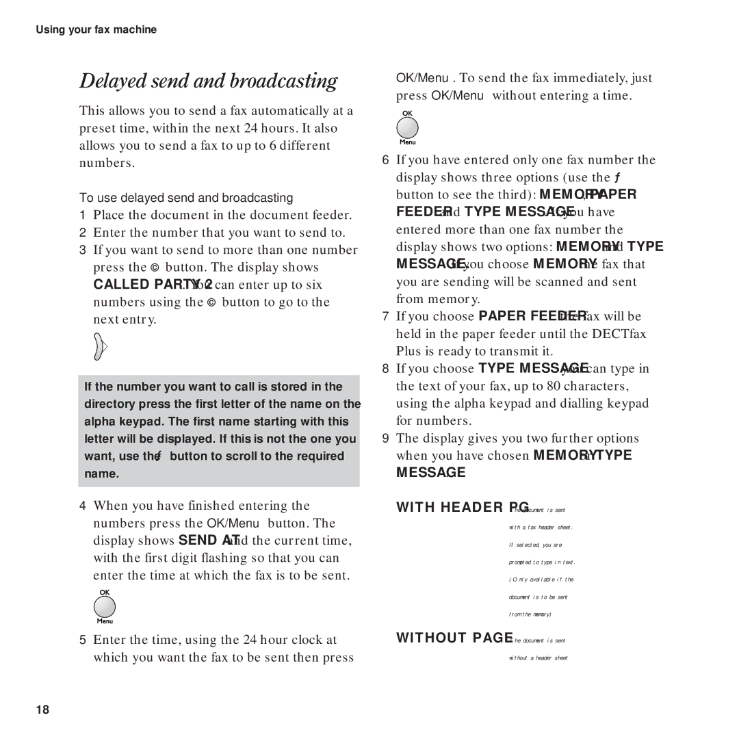 BT DECTfax Plus Fax Machine and digital telephone system manual Delayed send and broadcasting 