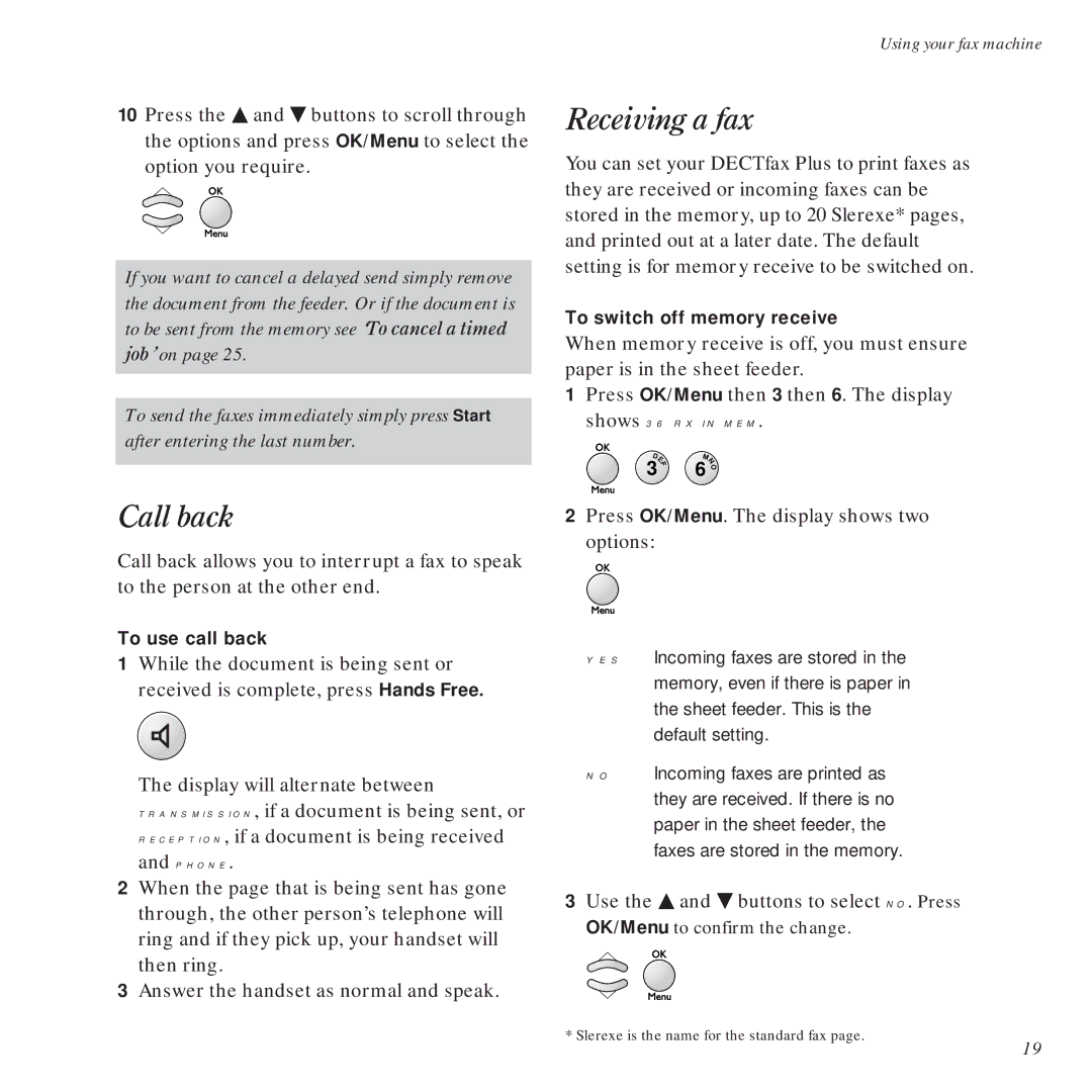 BT DECTfax Plus Fax Machine and digital telephone system manual Receiving a fax, Call back 