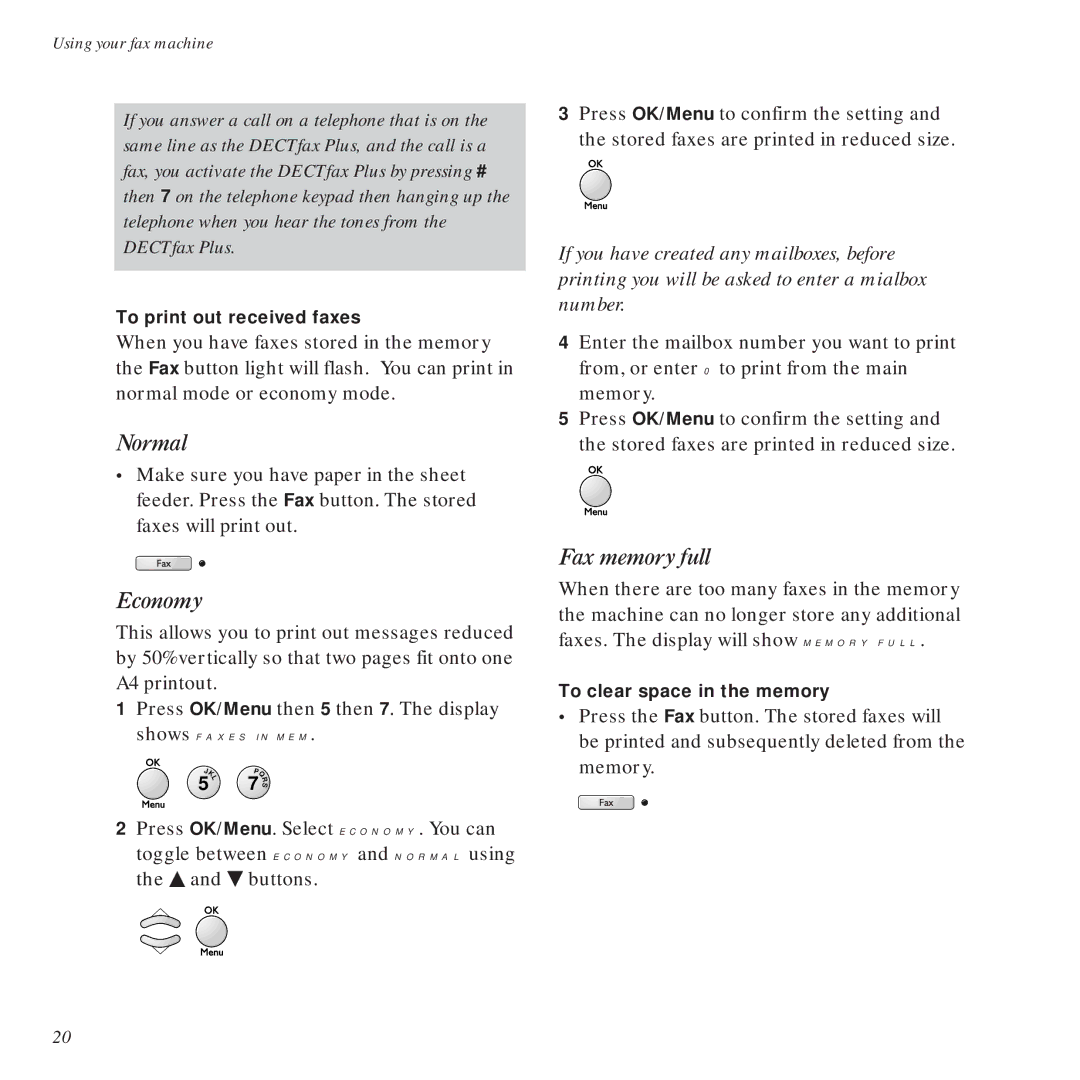 BT DECTfax Plus Fax Machine and digital telephone system manual Normal, Economy, Fax memory full 