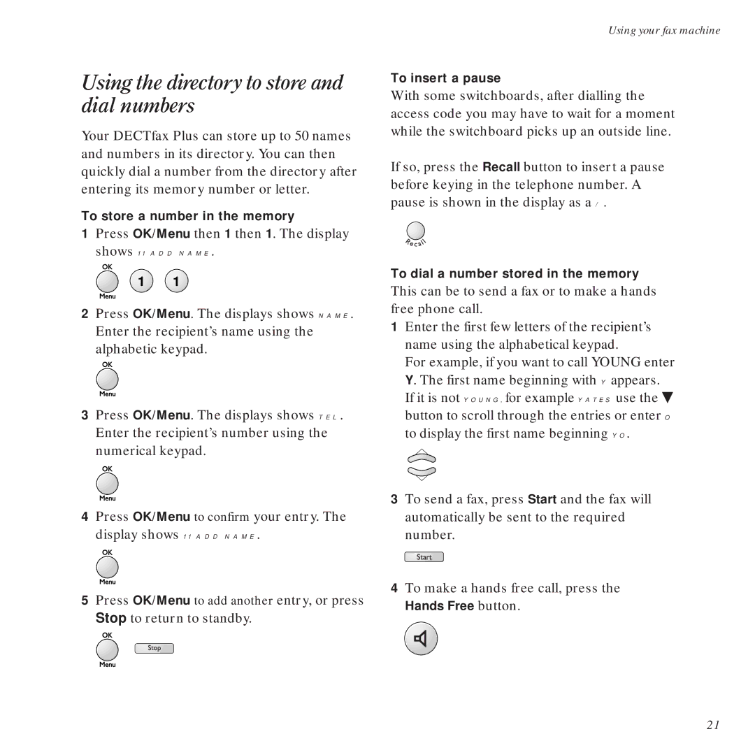 BT DECTfax Plus Fax Machine and digital telephone system manual Using the directory to store and dial numbers 