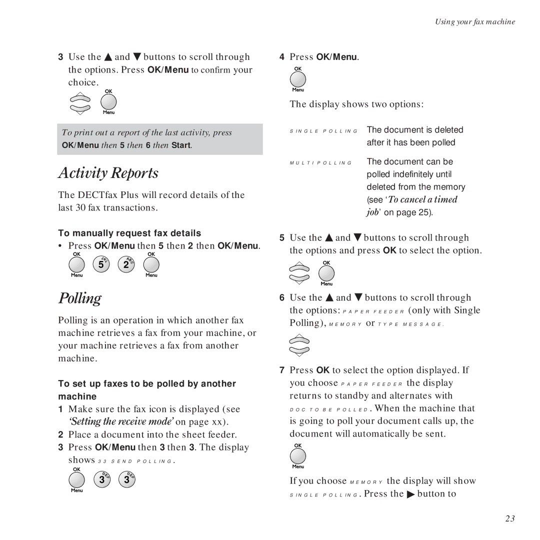 BT DECTfax Plus Fax Machine and digital telephone system manual Activity Reports, Polling 