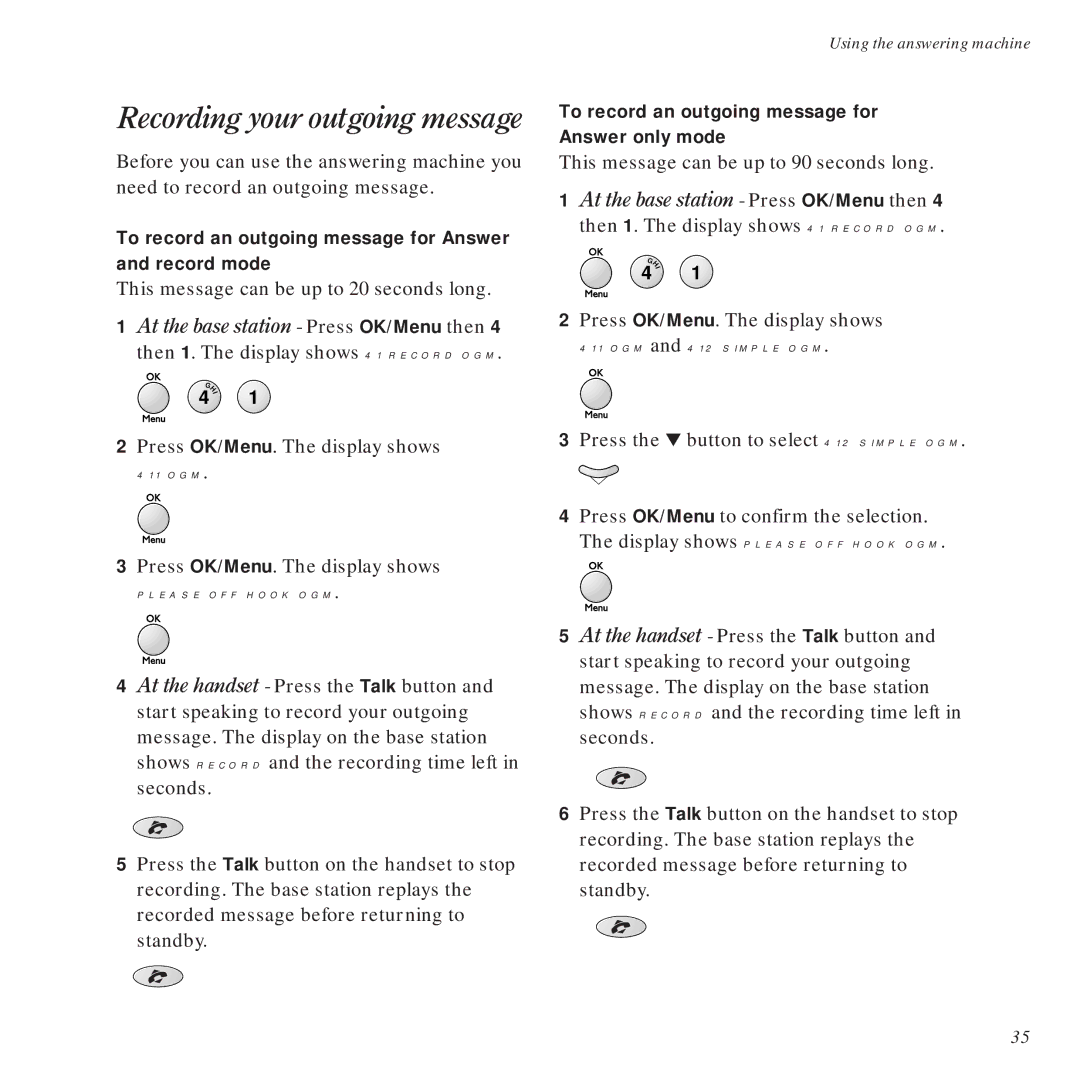 BT DECTfax Plus Fax Machine and digital telephone system manual Recording your outgoing message, Please OFF Hook OGM 