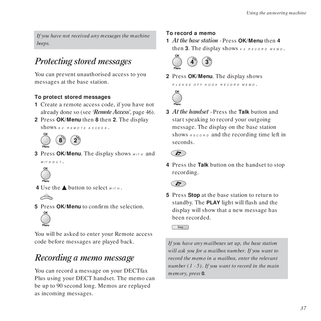 BT DECTfax Plus Fax Machine and digital telephone system manual Protecting stored messages, Recording a memo message 