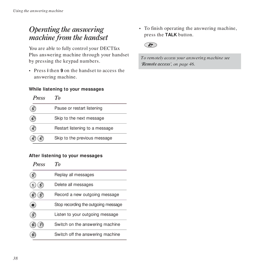 BT DECTfax Plus Fax Machine and digital telephone system manual Operating the answering machine from the handset, Press To 