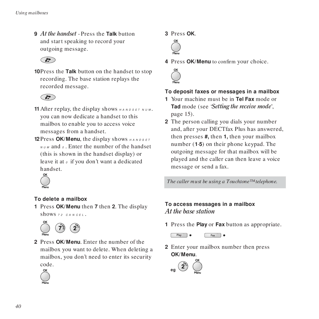 BT DECTfax Plus Fax Machine and digital telephone system manual Tad mode see ‘Setting the receive mode’ 