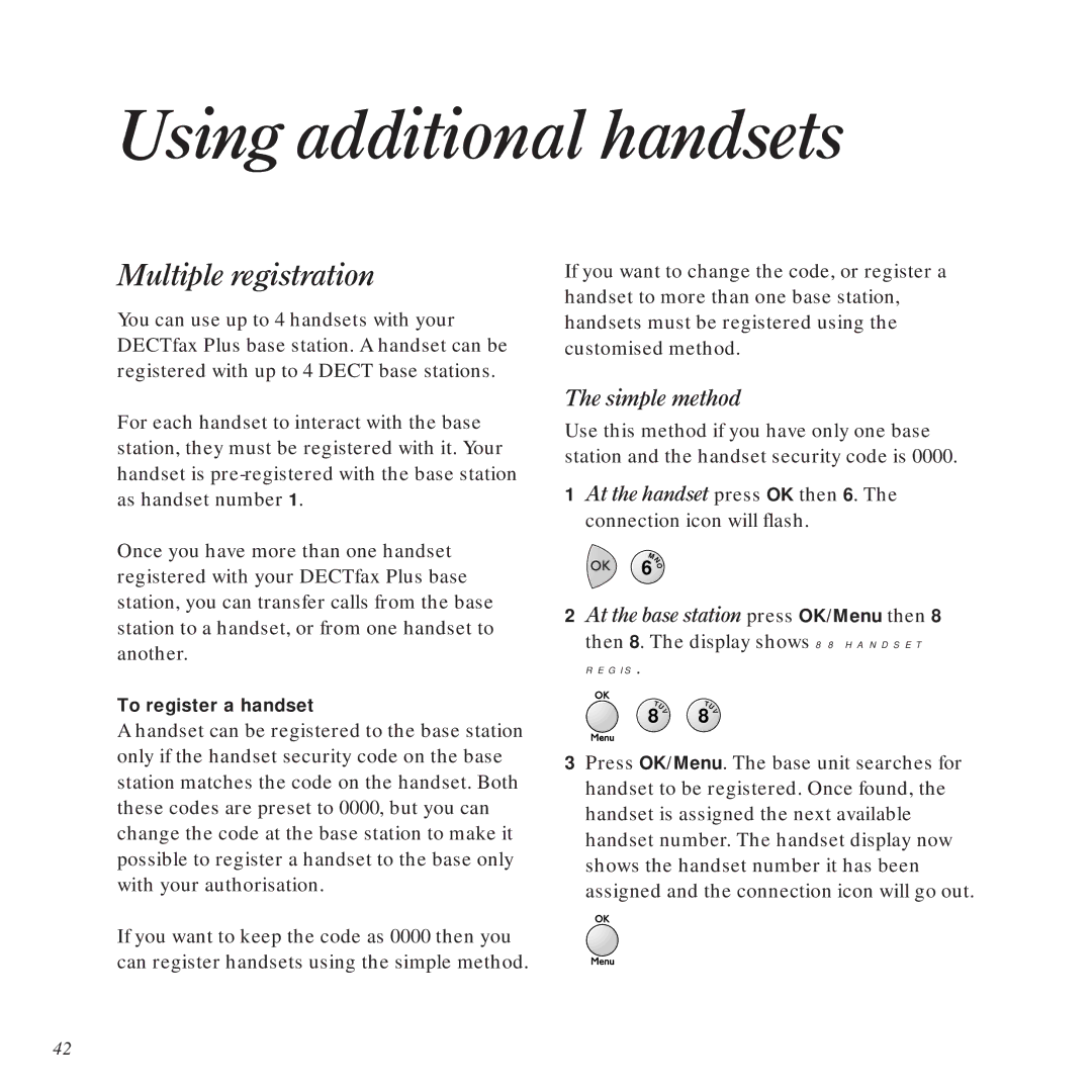 BT DECTfax Plus Fax Machine and digital telephone system Using additional handsets, Multiple registration, Simple method 