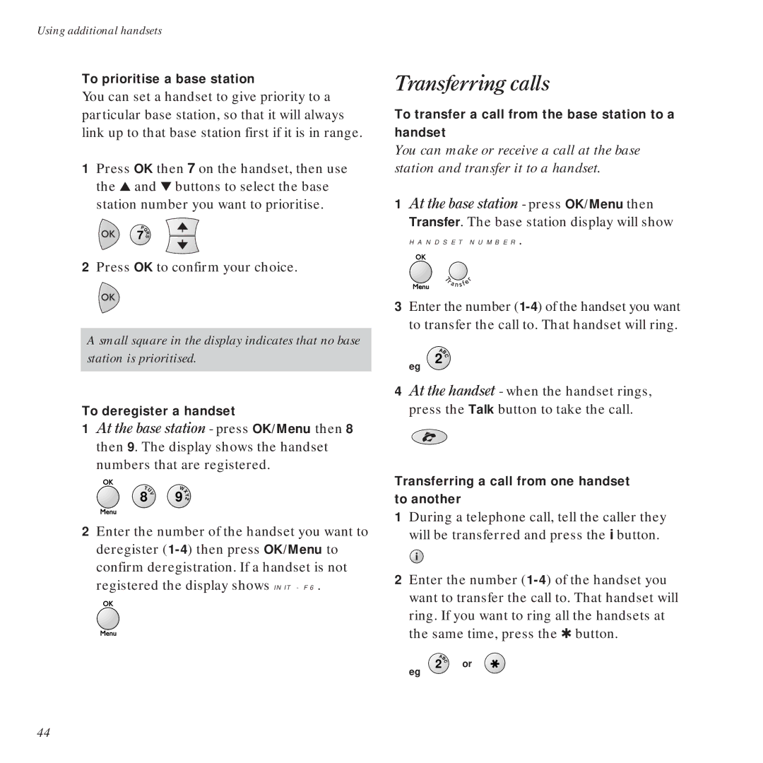 BT DECTfax Plus Fax Machine and digital telephone system manual Transferring calls, Handset Number 