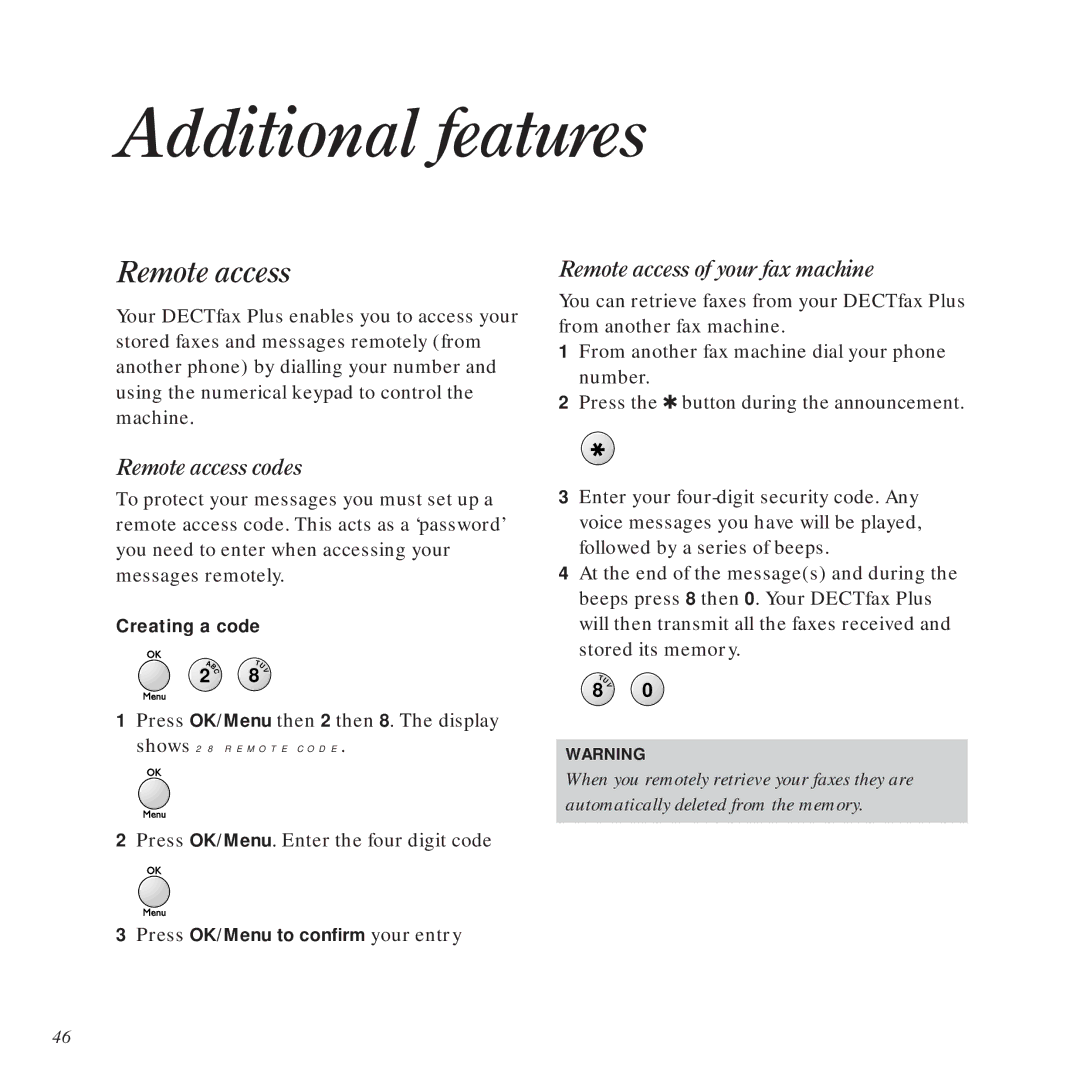 BT DECTfax Plus Fax Machine and digital telephone system manual Additional features, Remote access codes 