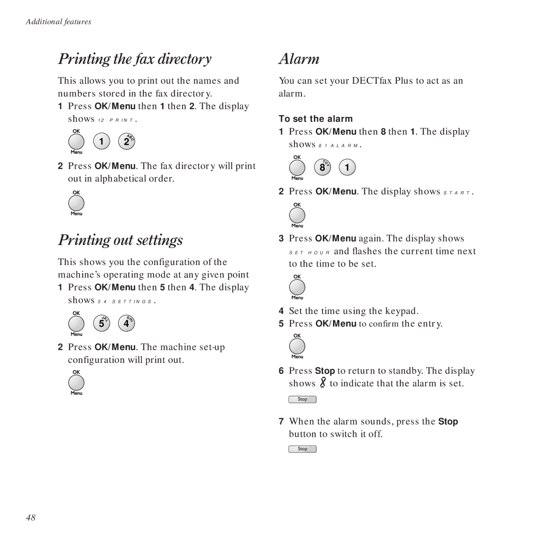 BT DECTfax Plus Fax Machine and digital telephone system manual Printing the fax directory, Printing out settings, Alarm 