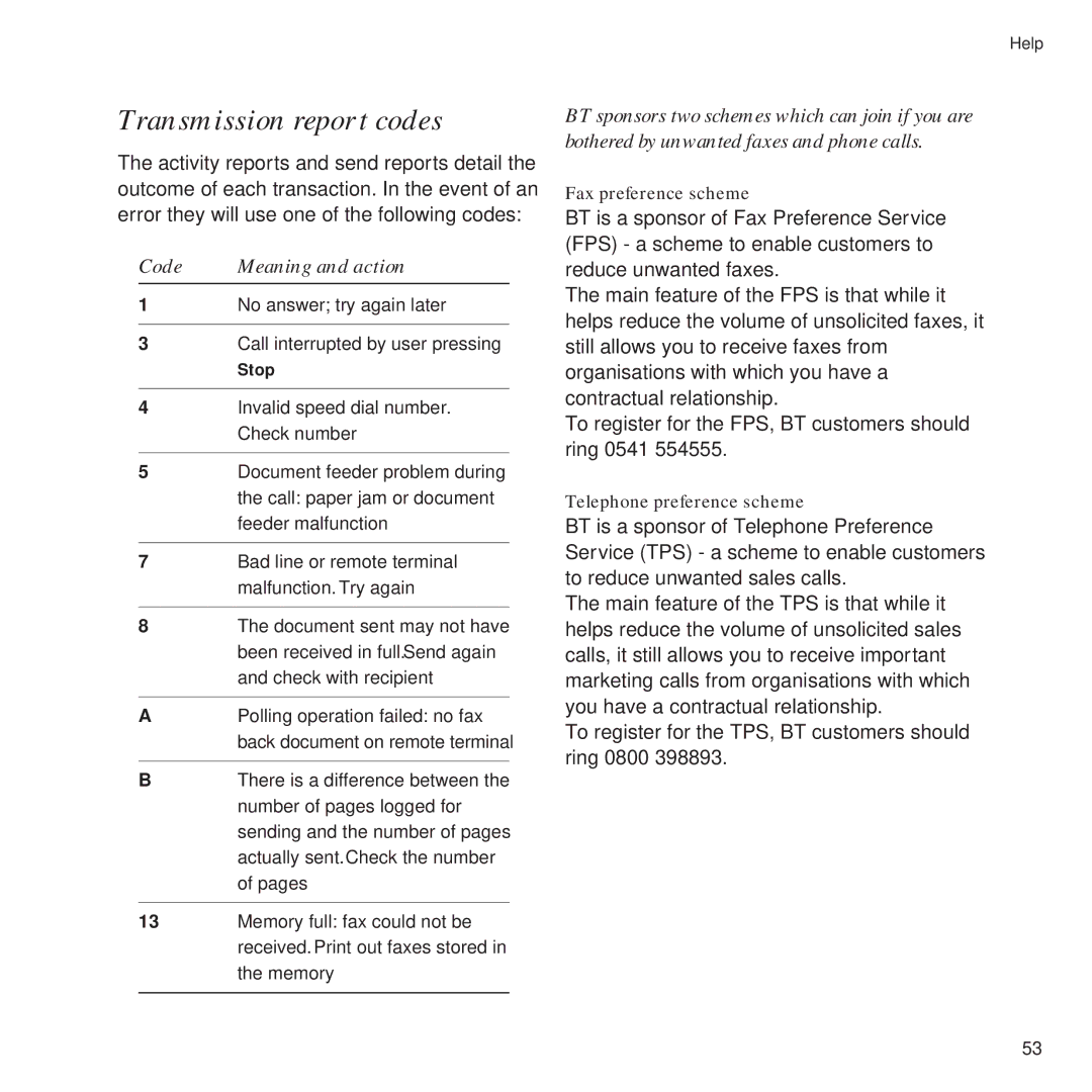 BT DECTfax Plus Fax Machine and digital telephone system manual Transmission report codes, Code Meaning and action 