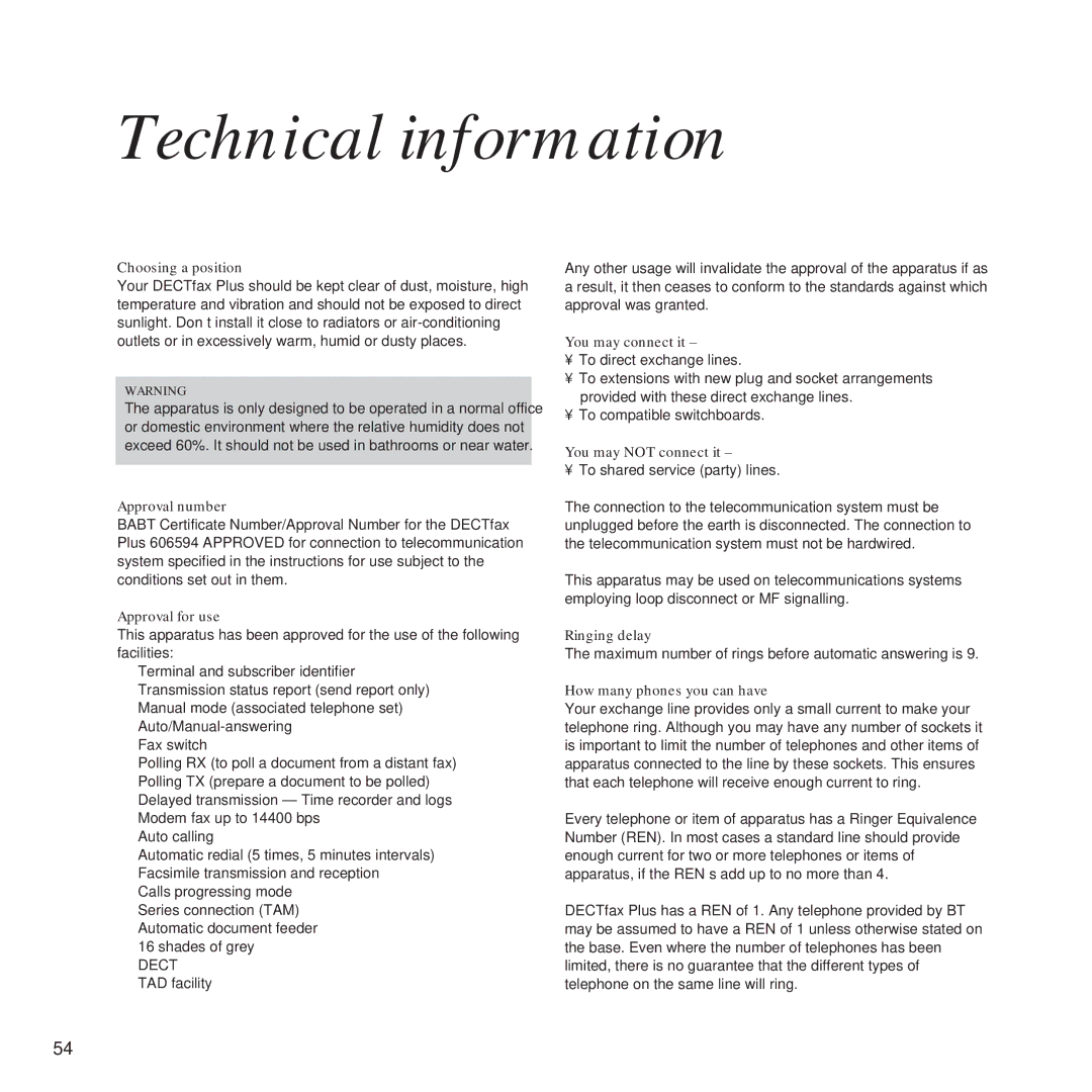 BT DECTfax Plus Fax Machine and digital telephone system manual Technical information, Choosing a position 