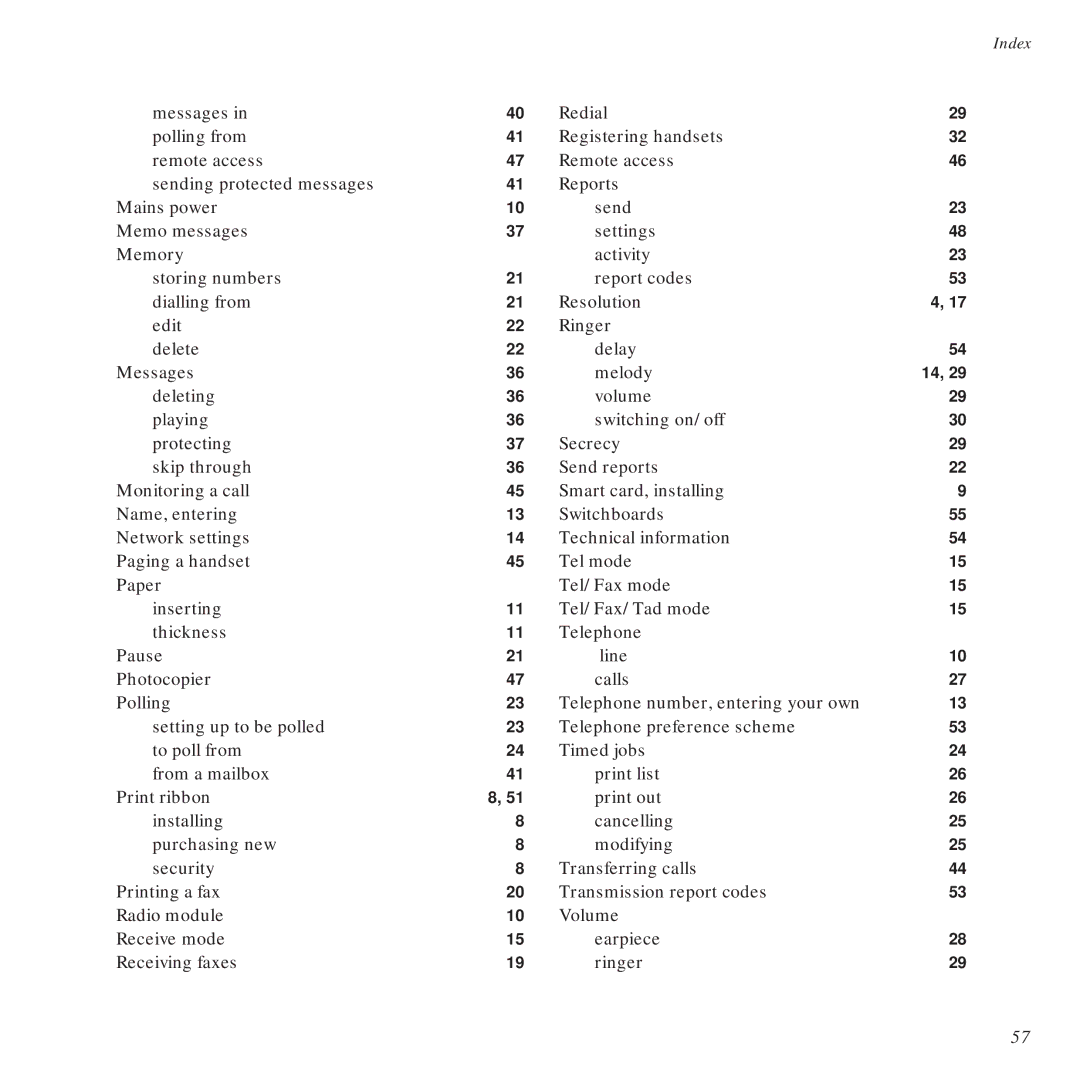 BT DECTfax Plus Fax Machine and digital telephone system manual Index 