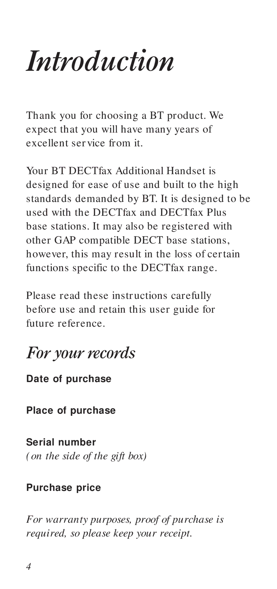 BT DECTfax manual Introduction, For your records 