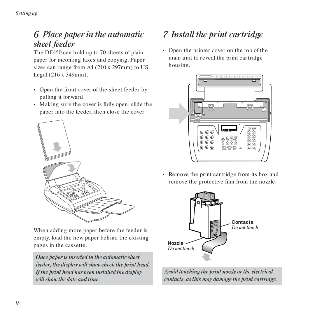 BT DF450 manual Place paper in the automatic sheet feeder, Install the print cartridge 