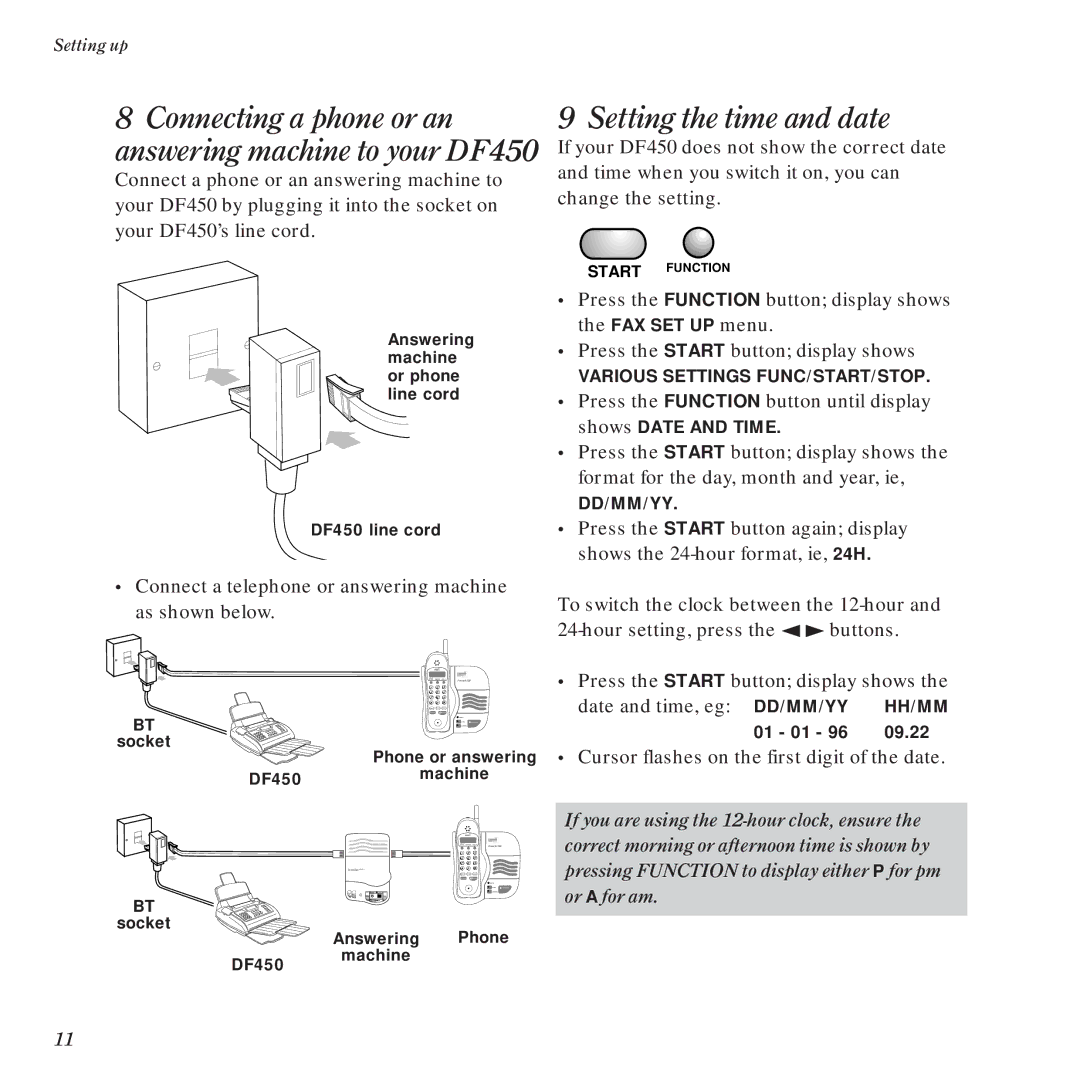 BT manual Connecting a phone or an answering machine to your DF450, Setting the time and date 