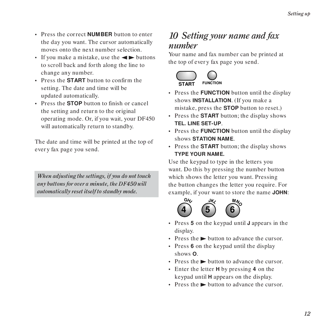 BT DF450 manual Setting your name and fax number 