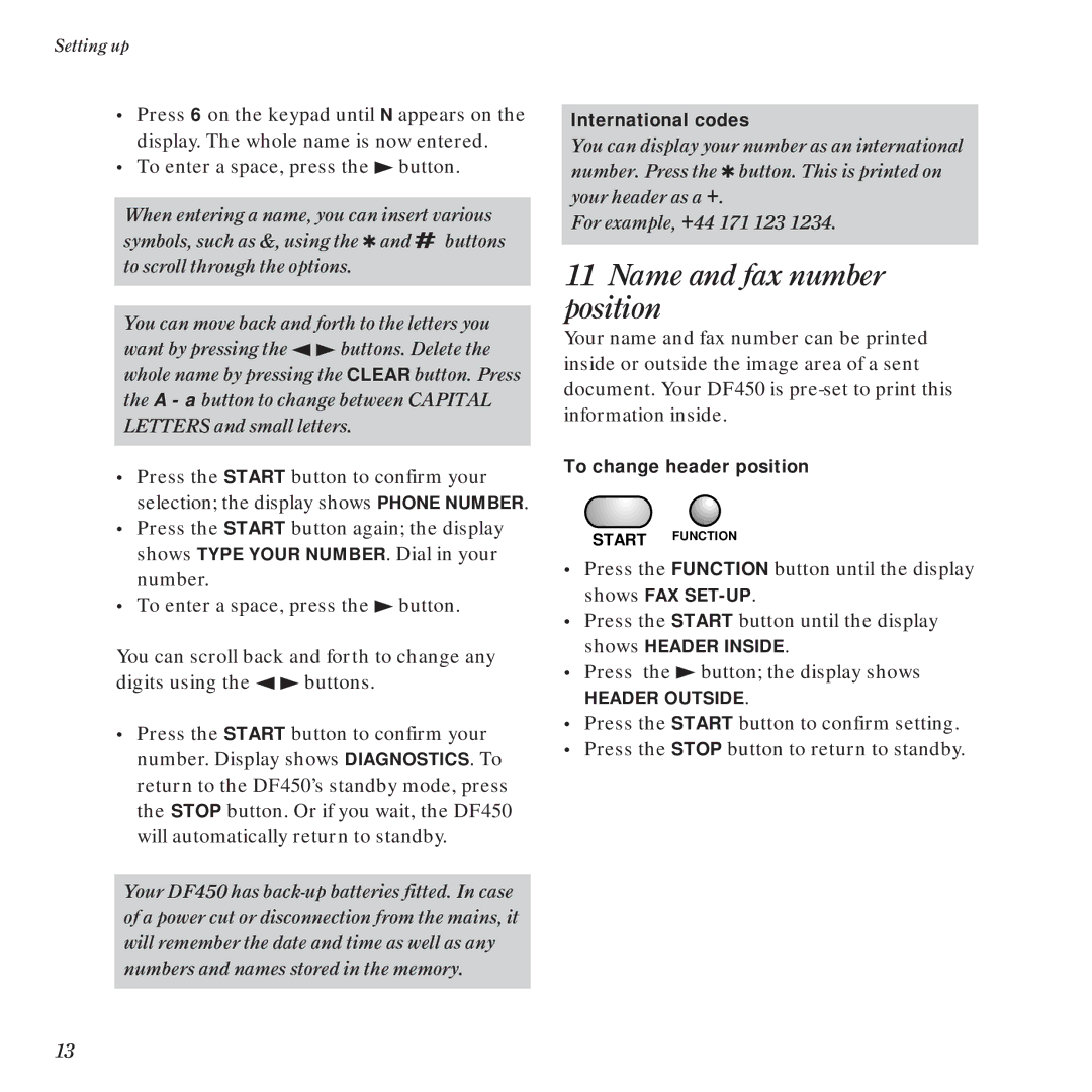 BT DF450 manual Name and fax number position, International codes 