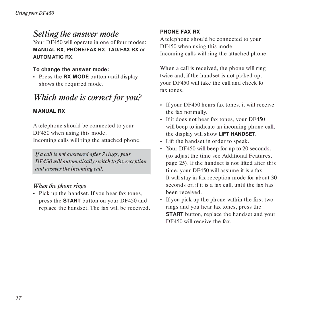 BT DF450 manual Setting the answer mode, Which mode is correct for you? 