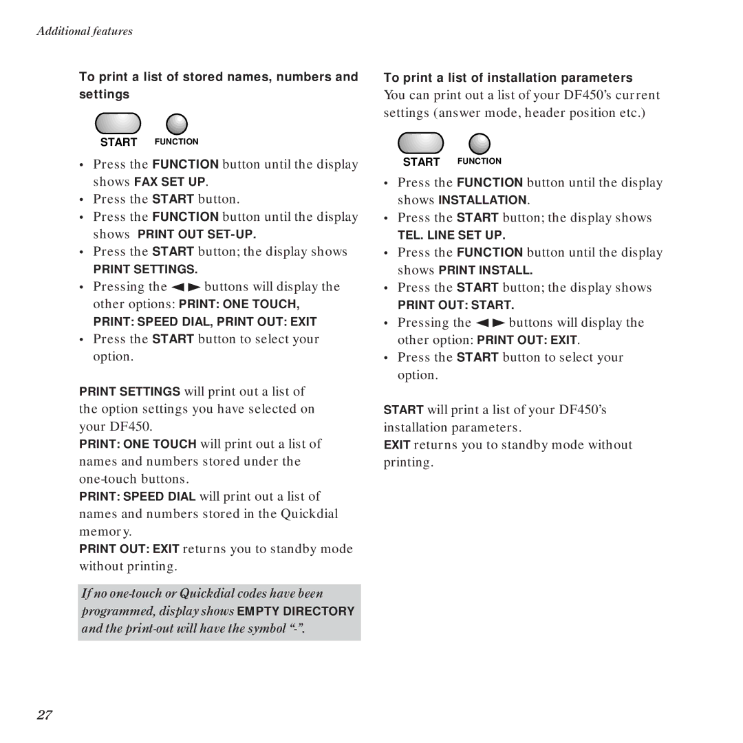 BT DF450 manual To print a list of stored names, numbers and settings 