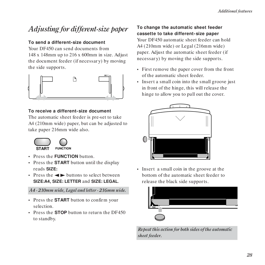 BT DF450 manual Adjusting for different-size paper 