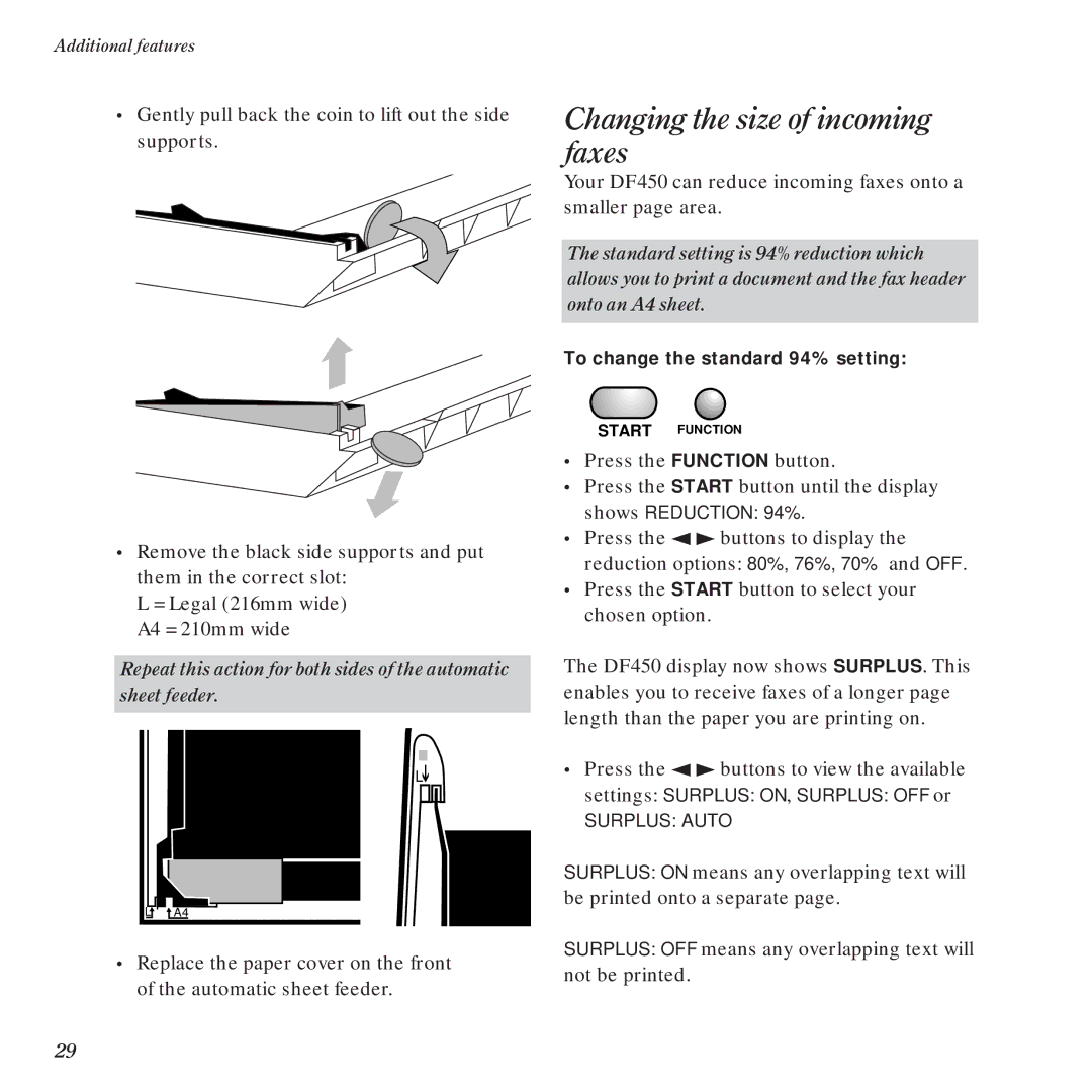 BT DF450 manual Changing the size of incoming faxes 