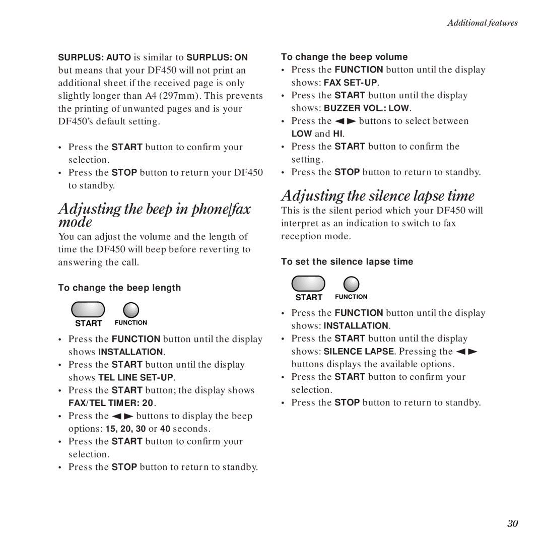 BT DF450 manual Adjusting the beep in phone/fax mode, Adjusting the silence lapse time 