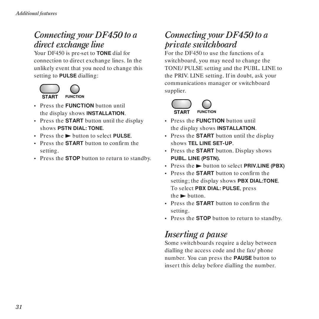 BT Connecting your DF450 to a direct exchange line, Connecting your DF450 to a private switchboard, Inserting a pause 