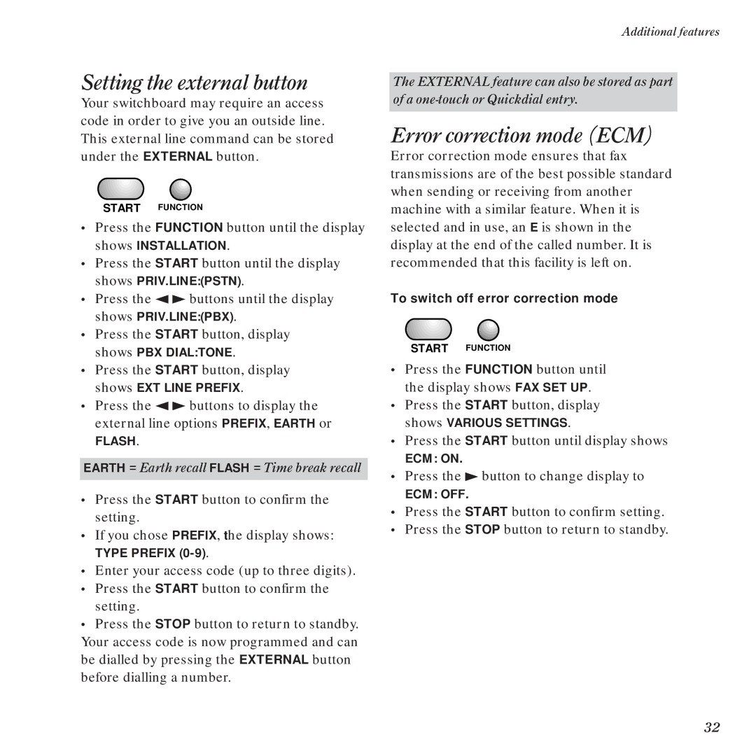 BT DF450 manual Setting the external button, Error correction mode ECM 