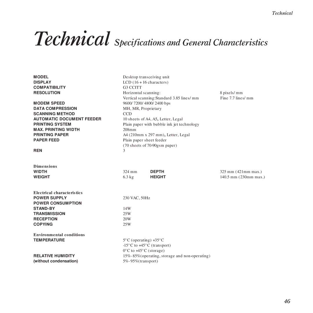 BT DF450 manual Technical Specifications and General Characteristics, Electrical characteristics 