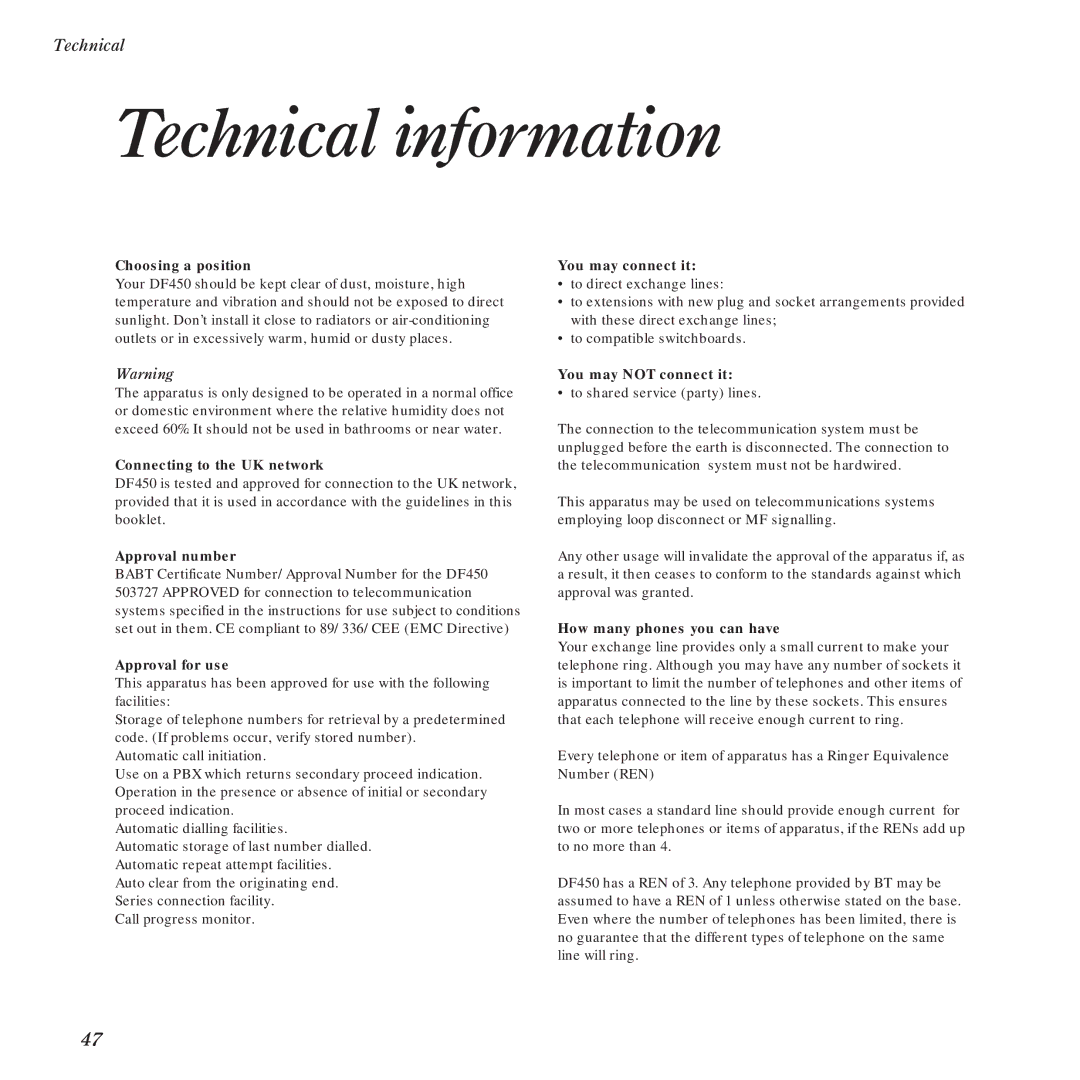 BT DF450 manual Technical information 