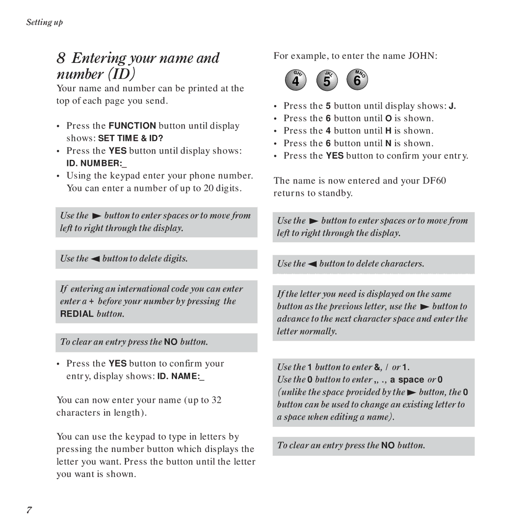 BT DF60 manual Entering your name and number ID 