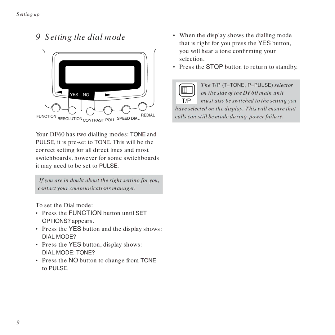 BT DF60 manual Setting the dial mode 