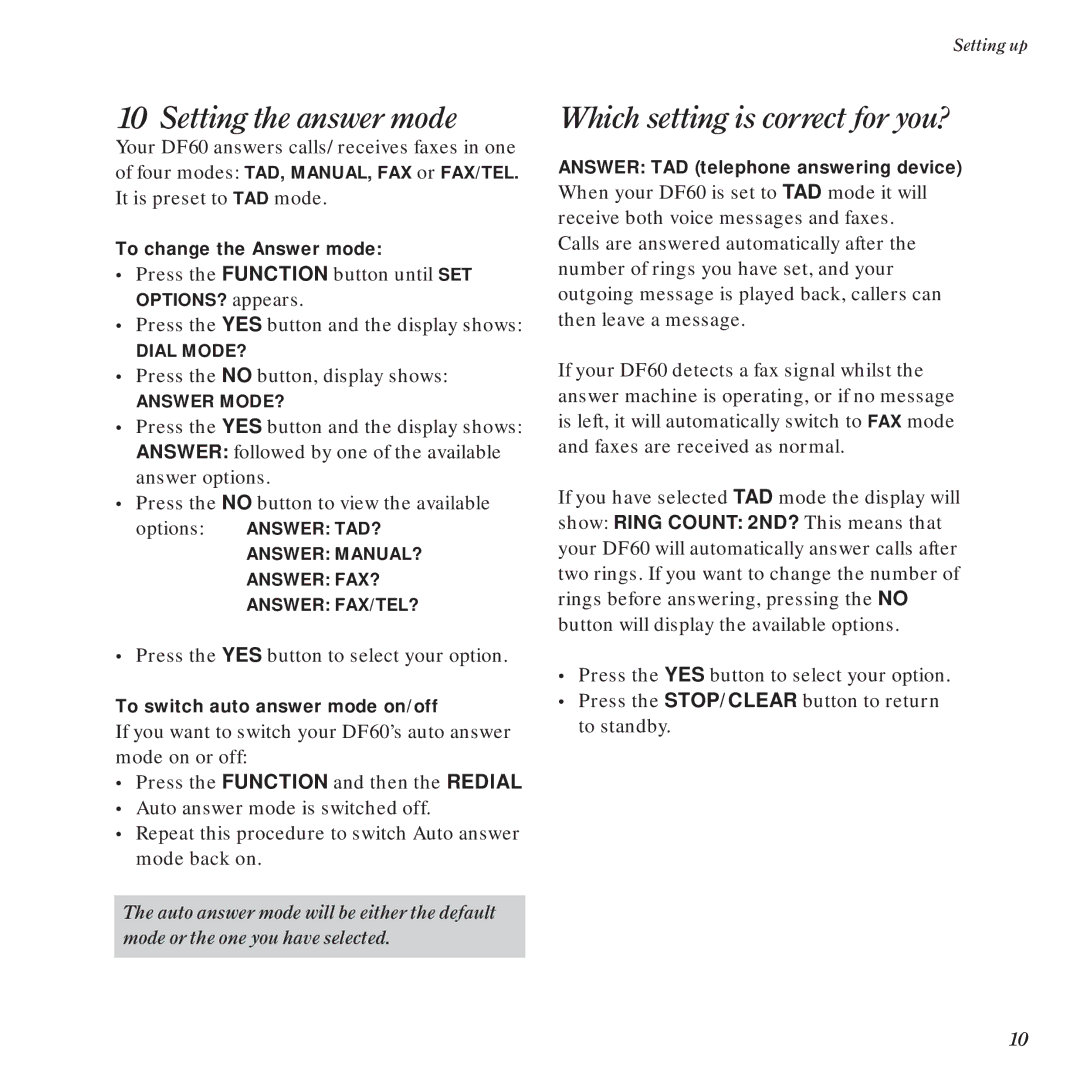 BT DF60 manual Which setting is correct for you? 