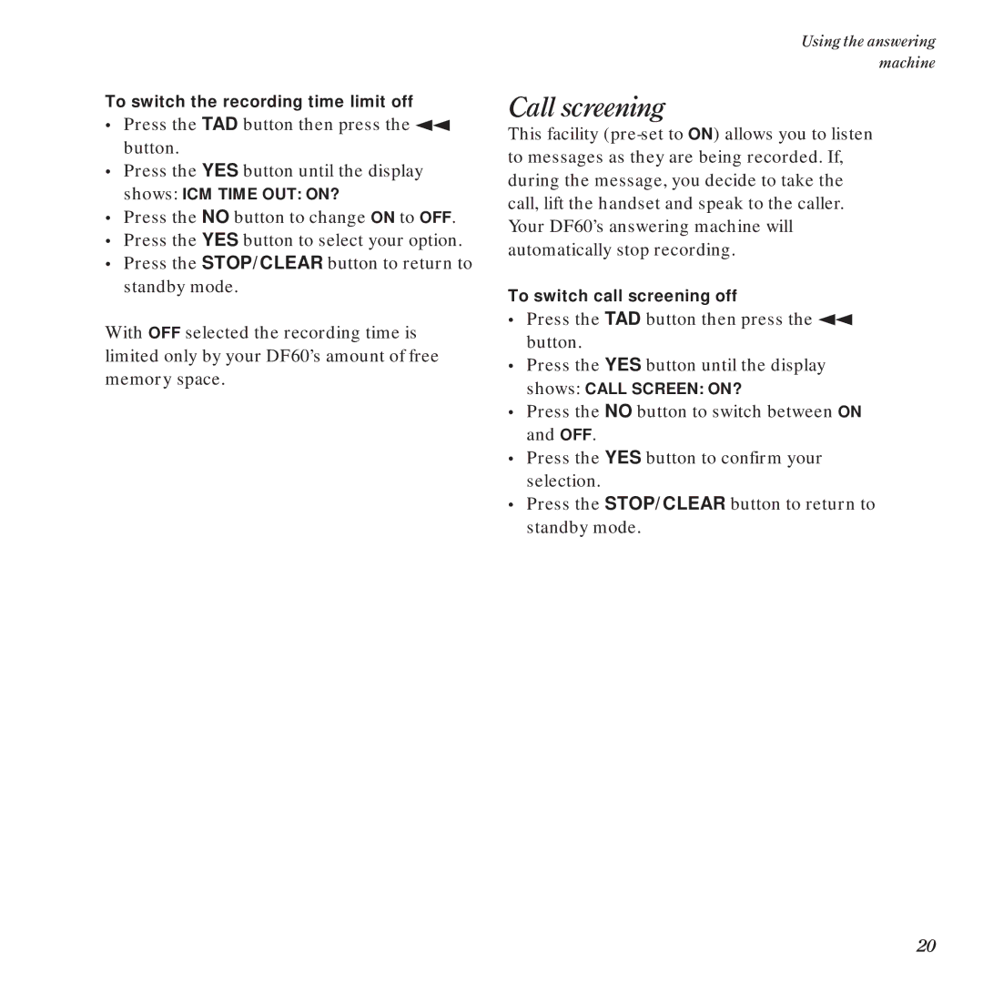 BT DF60 manual Call screening 