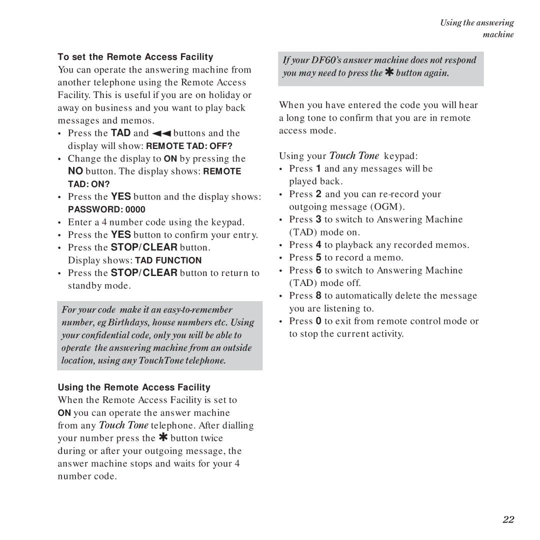 BT DF60 manual To set the Remote Access Facility 