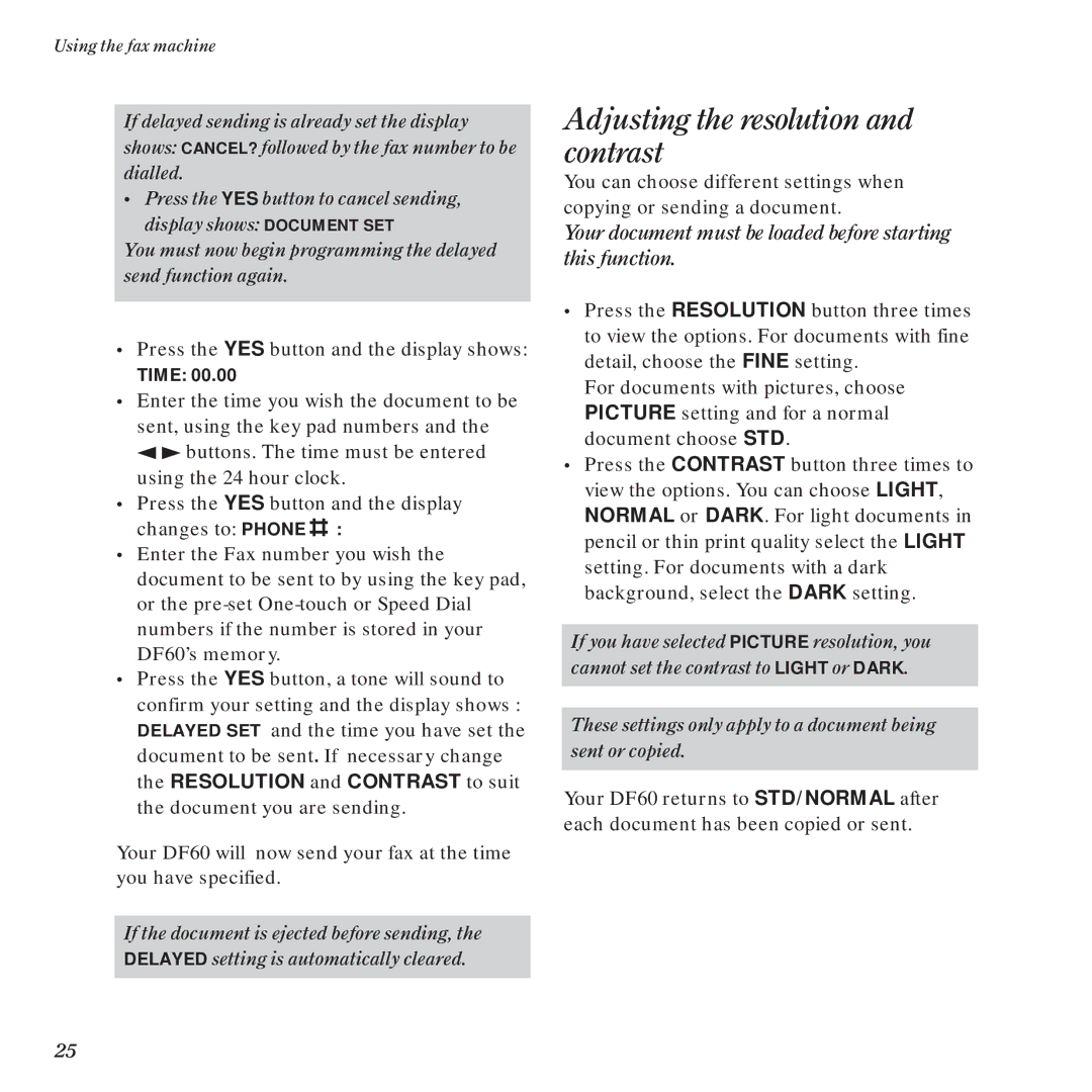 BT DF60 manual Adjusting the resolution and contrast 