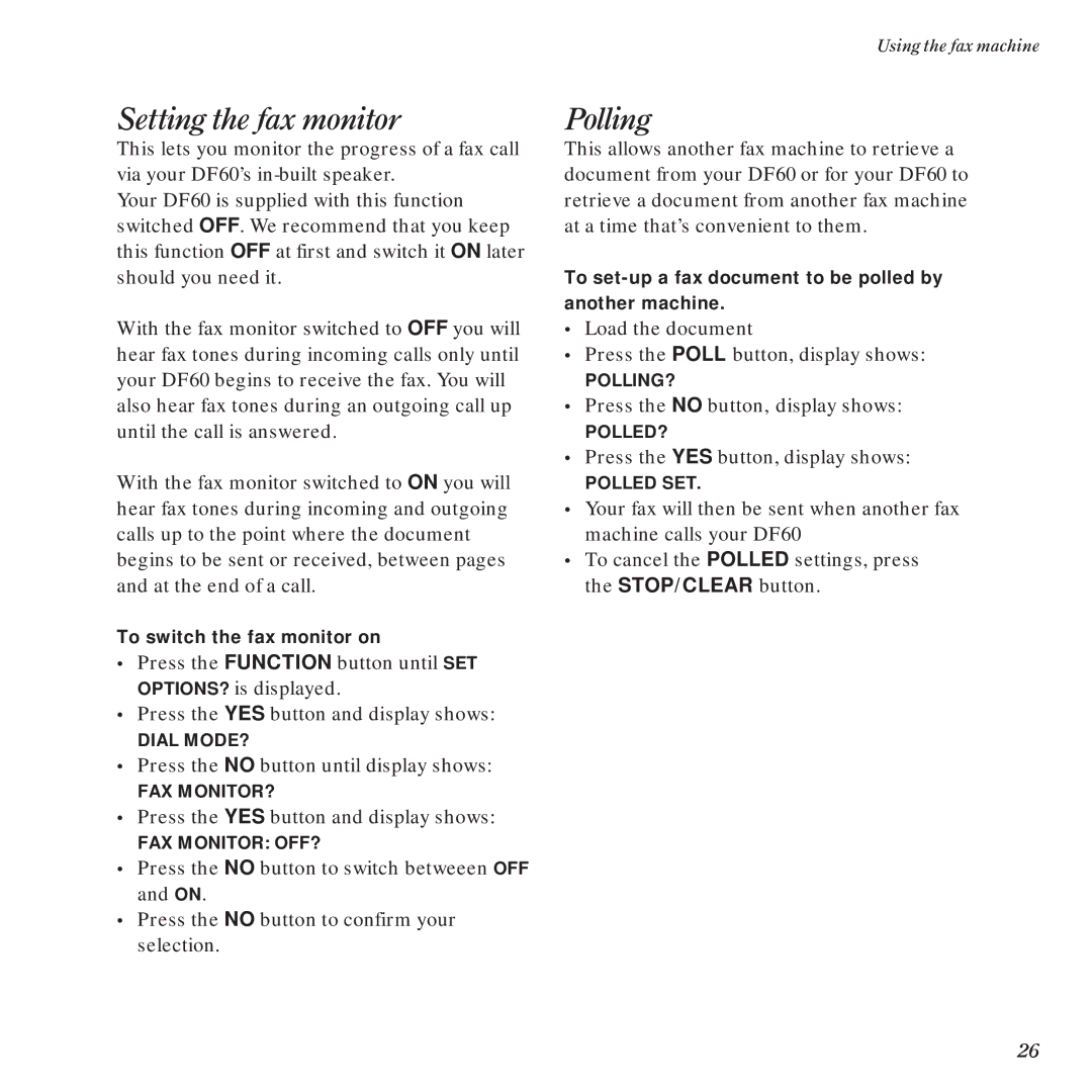 BT DF60 manual Setting the fax monitor, Polling 