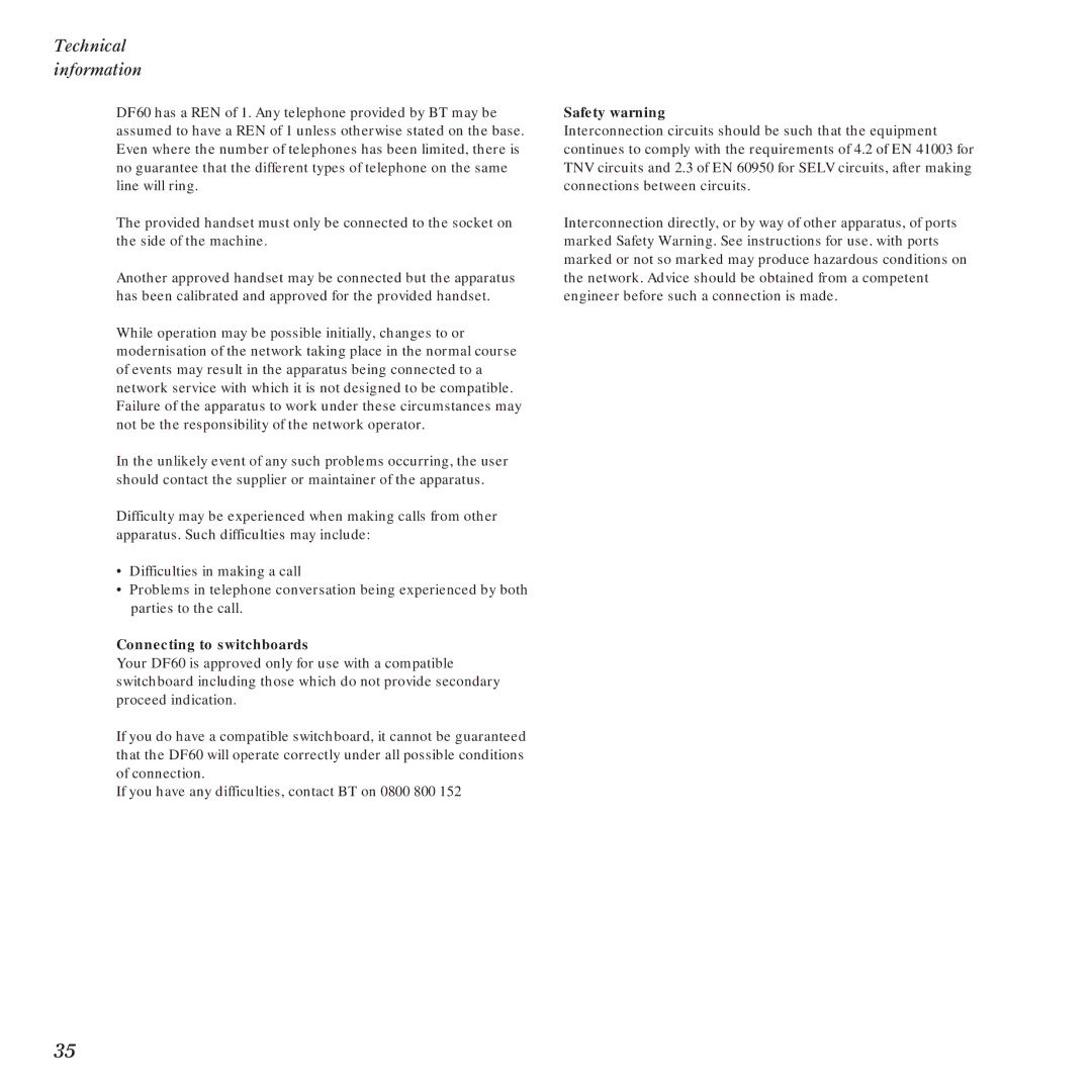 BT DF60 manual Connecting to switchboards 