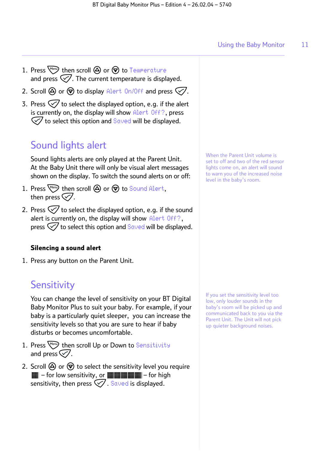 BT Digital Baby Monitor Plus manual Sound lights alert, Sensitivity, Press then scroll or to Sound Alert Then press 