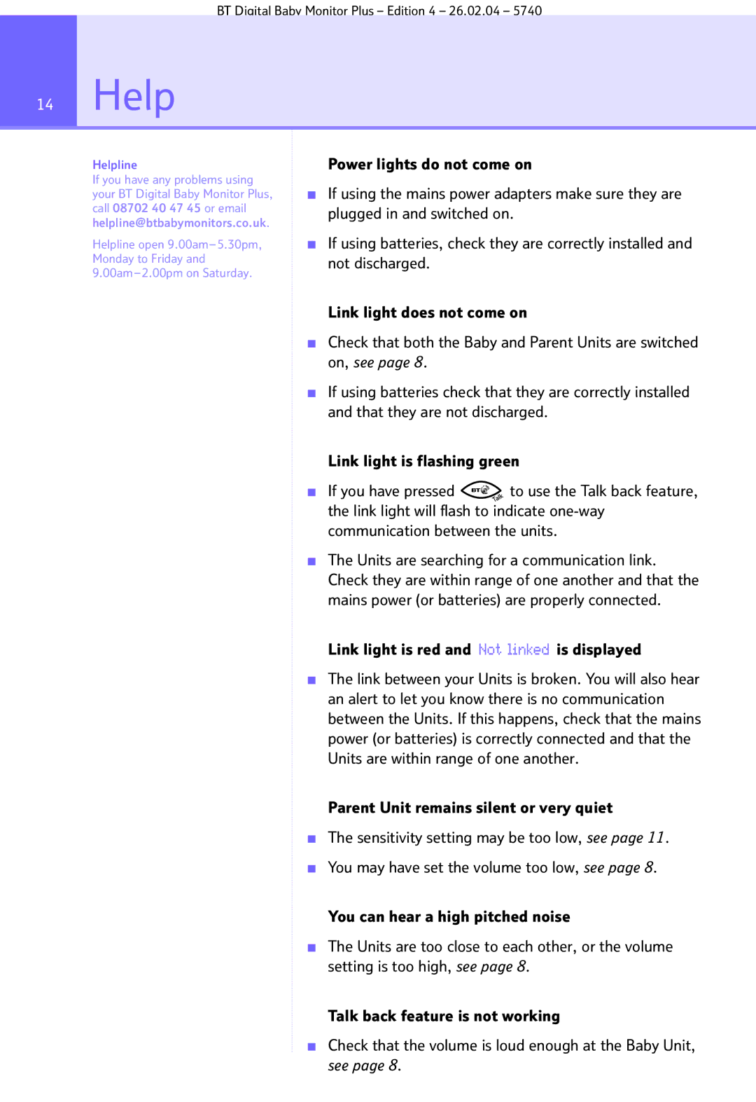 BT Digital Baby Monitor Plus manual Help, Link light is red and Not linked is displayed 