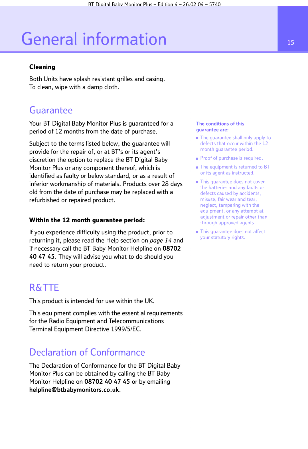 BT Digital Baby Monitor Plus General information, Guarantee, Declaration of Conformance, Conditions of this guarantee are 