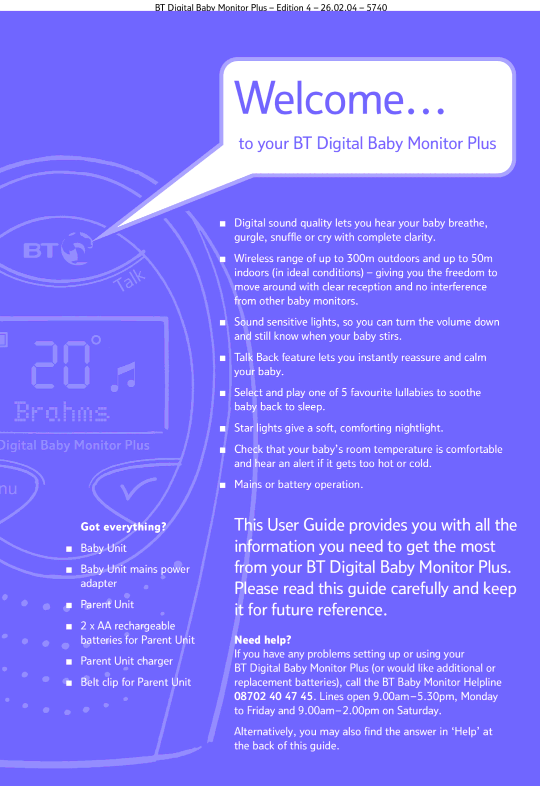 BT manual Welcome…, To your BT Digital Baby Monitor Plus 