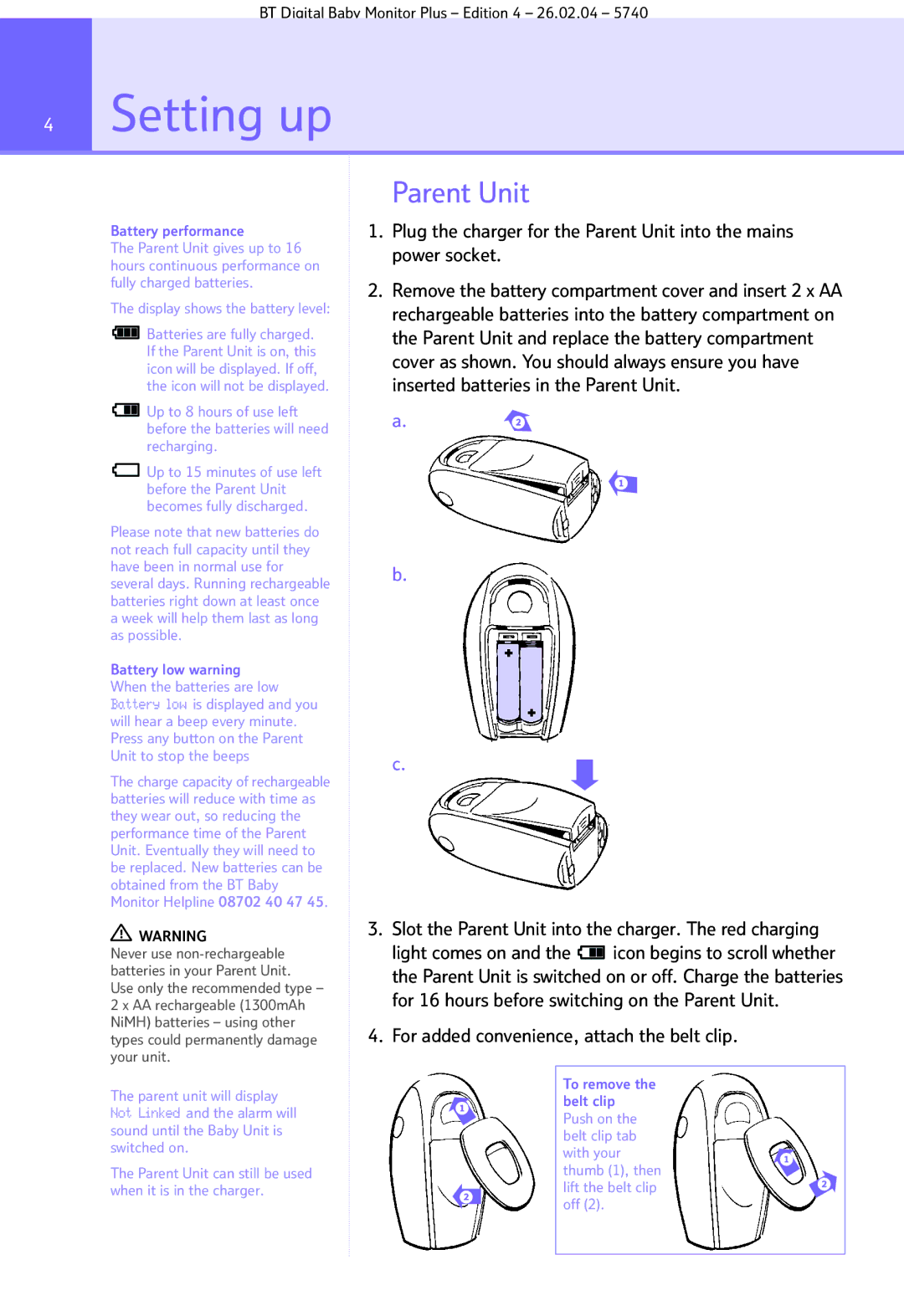 BT Digital Baby Monitor Plus manual Setting up, Slot the Parent Unit into the charger. The red charging 