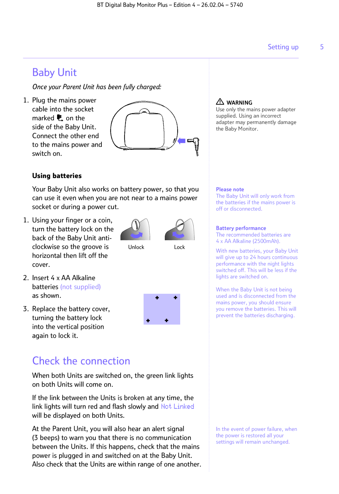 BT Digital Baby Monitor Plus Baby Unit, Check the connection, Clockwise so the groove is, Horizontal then lift off Cover 