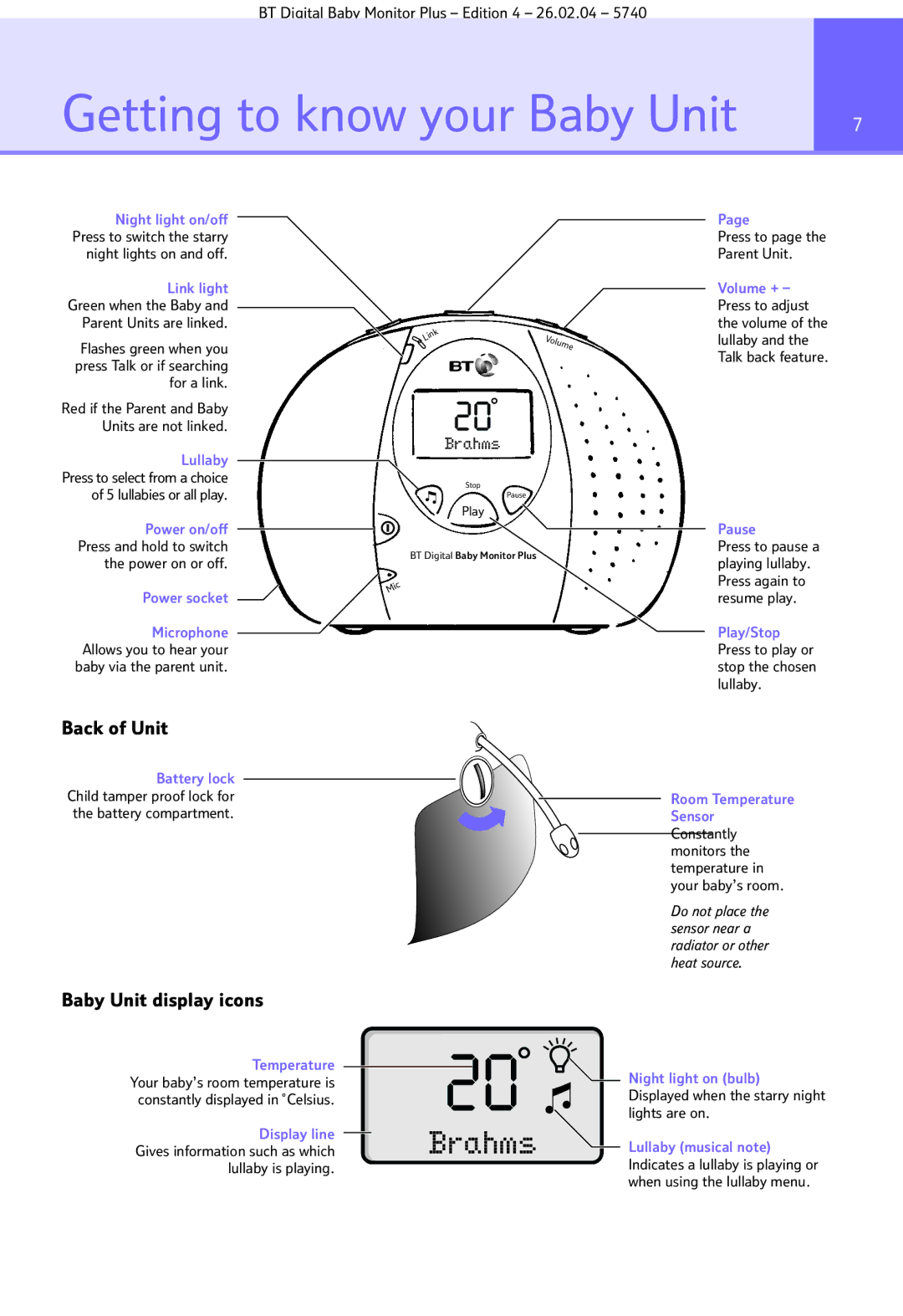 BT Digital Baby Monitor Plus manual Getting to know your Baby Unit, Back of Unit, Baby Unit display icons, Pause 