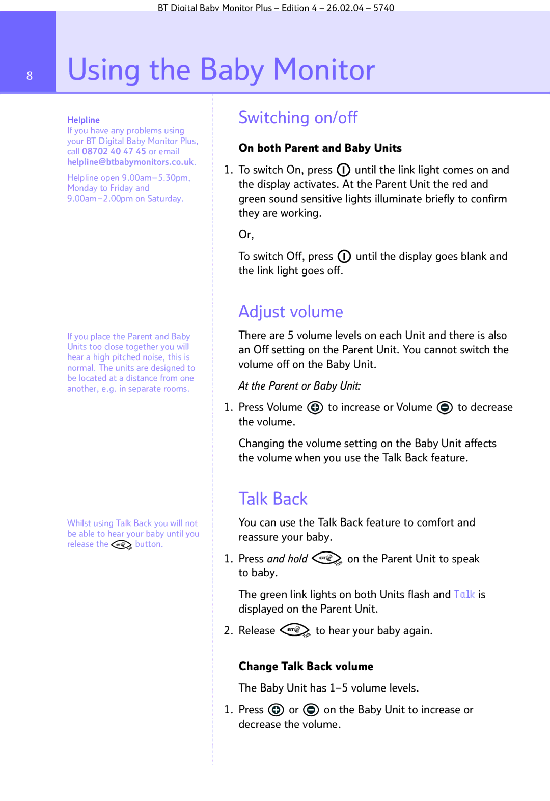 BT Digital Baby Monitor Plus manual Using the Baby Monitor, Switching on/off, Adjust volume, Talk Back 